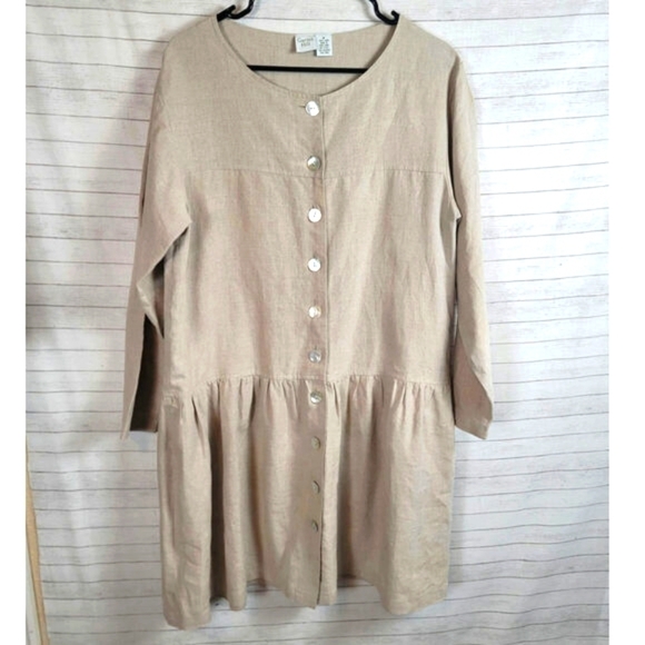 GARNET HILL 100% LINEN PEPLUM BEIGE DRESS, SZ MEDIUM - Picture 1 of 16